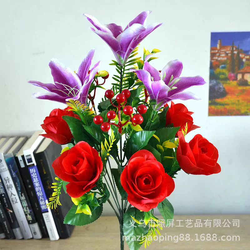 照屏婚庆塑料绢花节庆跳舞12头玫瑰百合组花束多色组合假花高仿真