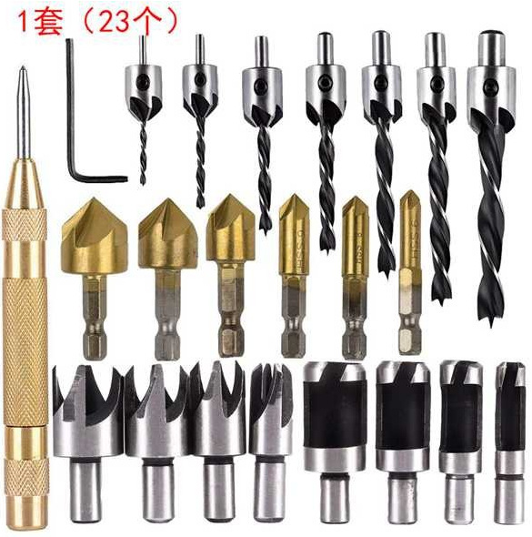 Carpintería Dispositivo de achaflanado tipo garra barril Taladro de corcho amarillo Centro de perforación paso de perforación combinación