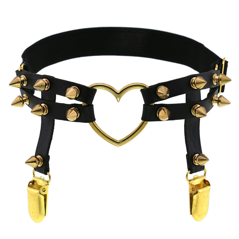 European and American Harajuku Punk Gothic Golden Heart-Shaped Leather Handmade Rivet Leg Ring Personalized Hip-Hop Thigh Garter Belt