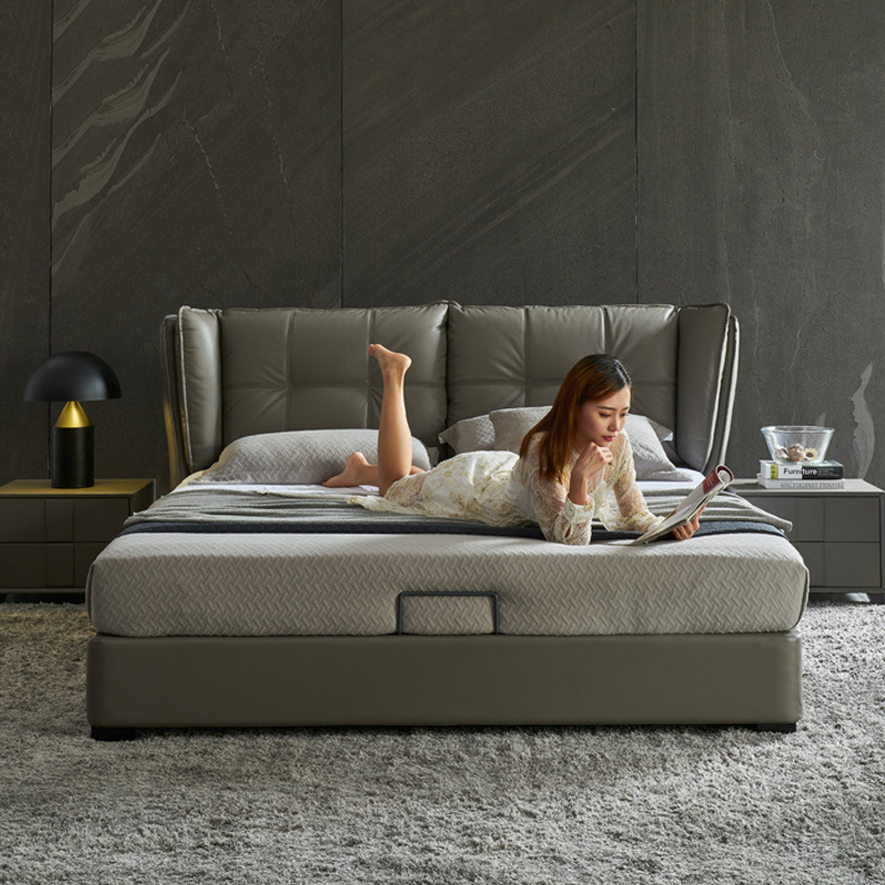 Moderno simple cama de cuero real cama doble 1,8 m pequeño apartamento dormitorio principal cama suave alta caja de almacenamiento cama integrada
