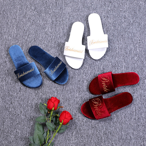 Bridal Slippers Women's Golden Velvet Dressing Robe Wedding Shoes Soft Sole Embroidered Bride Wedding Shoes Single Shoes