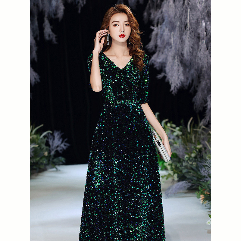 Green Sequin Annual Meeting Evening Dress for Women 2024 Spring New Banquet Elegant Texture Host Long Dress