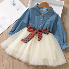 New Autumn Korean Style Children's Dress for Girls, Fashion Long-Sleeved Denim Gauze Dress with Polka Dot Belt, Dress 2208