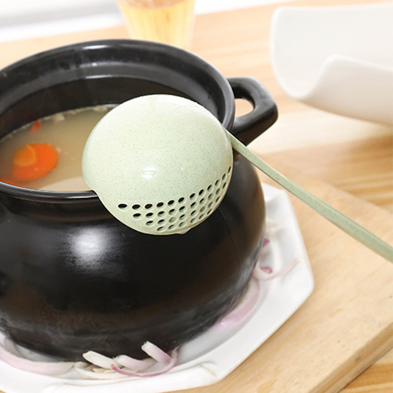 Cuchara de paja de trigo mango largo de plástico cuchara grande cuchara de sopa colador dos en uno vajilla olla caliente cuchara fabricante