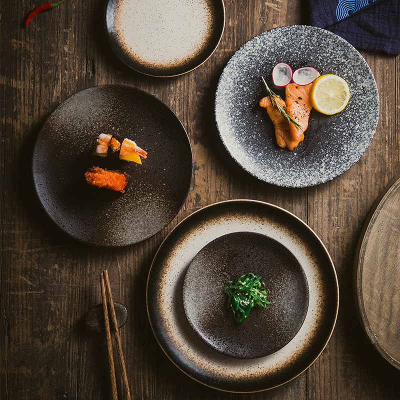 Shallow Japanese-Style Retro Ceramic Plate, Creative Black Restaurant Personalized Color Glaze Dish, Bone Dish, Household Tableware Flat Plate