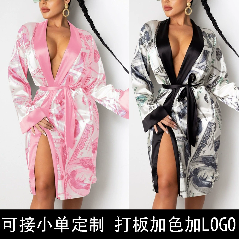 Главная Женская Пижама Халат с длинным рукавом Тонкое пальто Шаль Кардиган Солнцезащитный ремешок Долларовый принт Amazon