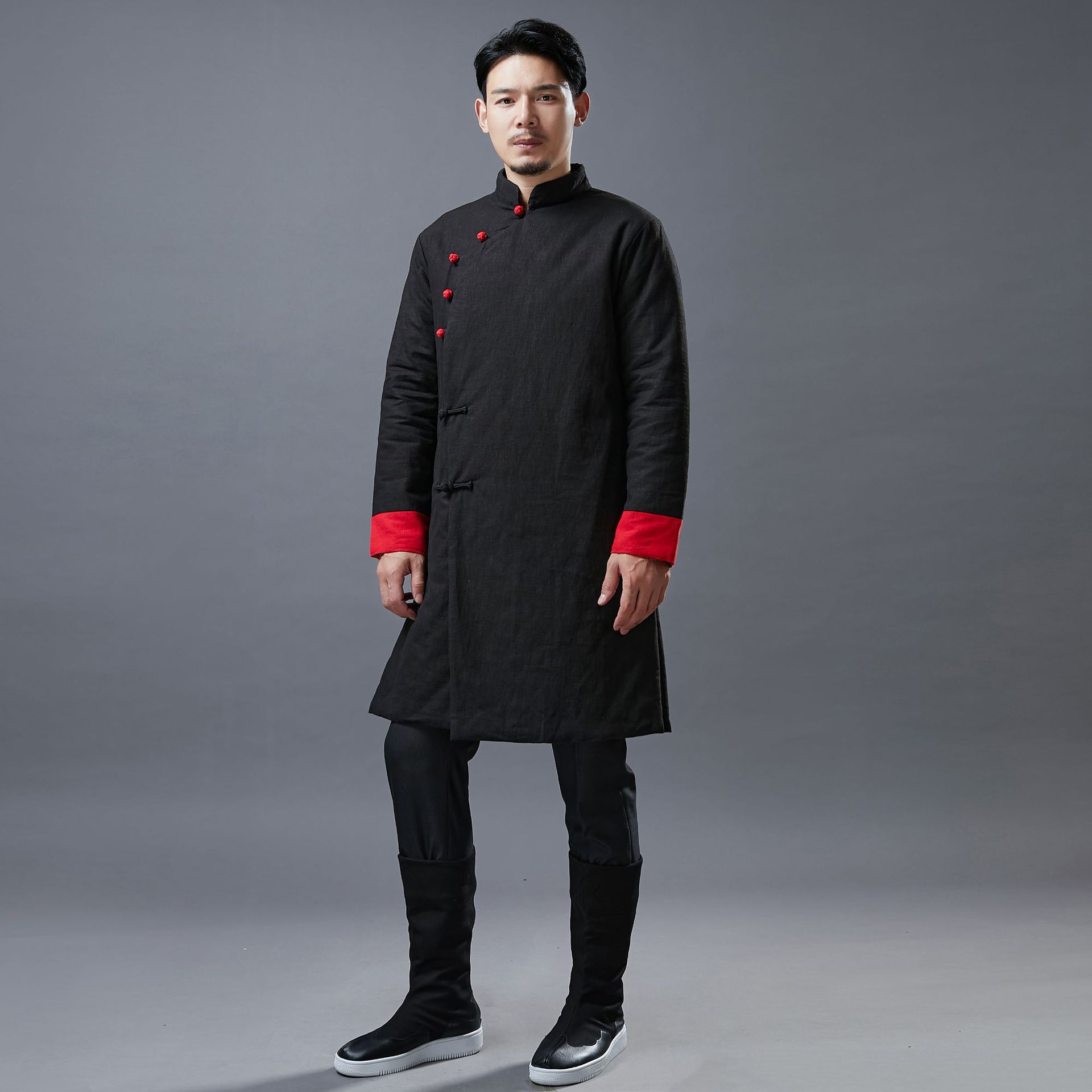 棉服男士潮流冬季 斜襟花扣棉袄 复古中长款休闲立领盘扣花扣棉衣