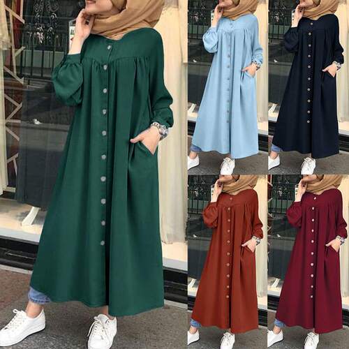 Autumn casual cardigan, Muslim women's clothing, long-sleeved, stand-collar, big-swing dress, wholesale