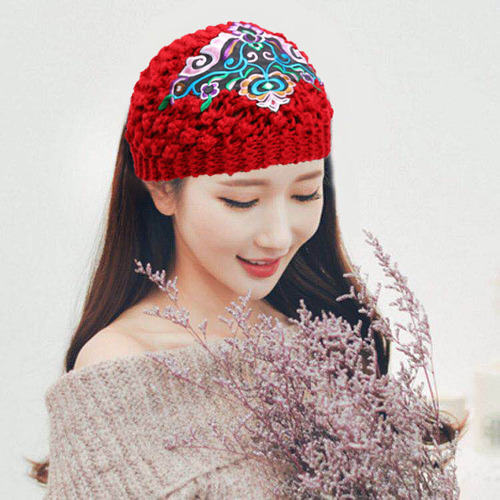 China Style Thickened Ethnic Style Embroidered Wool Knitted Headband Hair Hoop Winter Warm Wide Brimmed White Hair Covering Headscarf