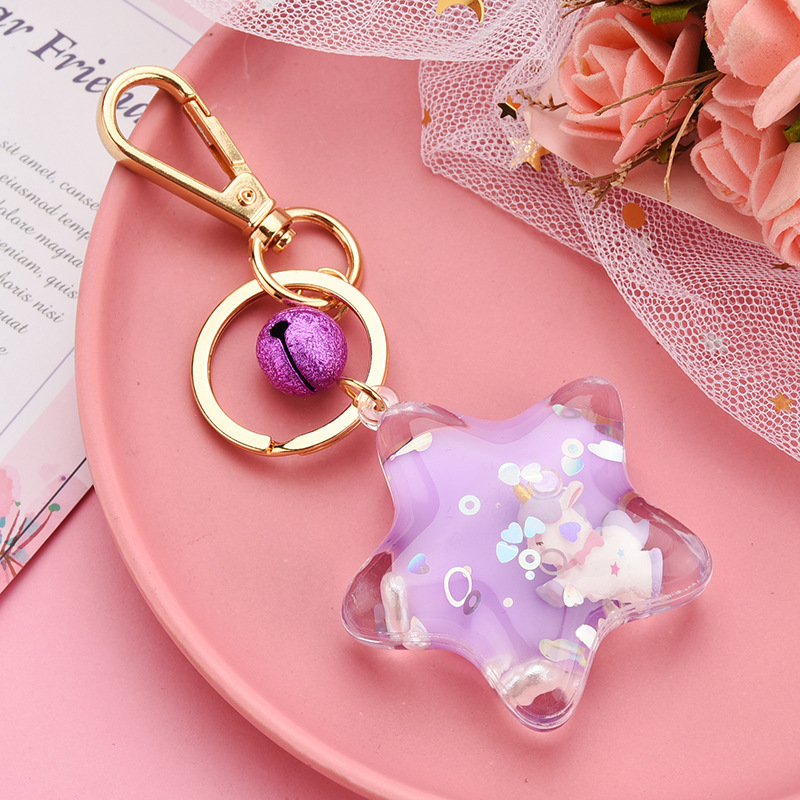Korean style acrylic oil five-pointed star keychain quicksand bottle floating Unicorn doll key chain bag pendant
