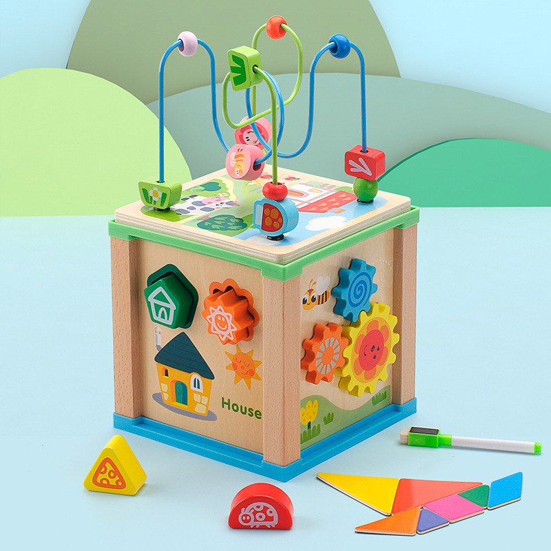 Bolas de madera multifuncionales cuentas hexaédricas grandes Cofre del Tesoro de madera bebé Qizhi cuentas juguetes al por mayor