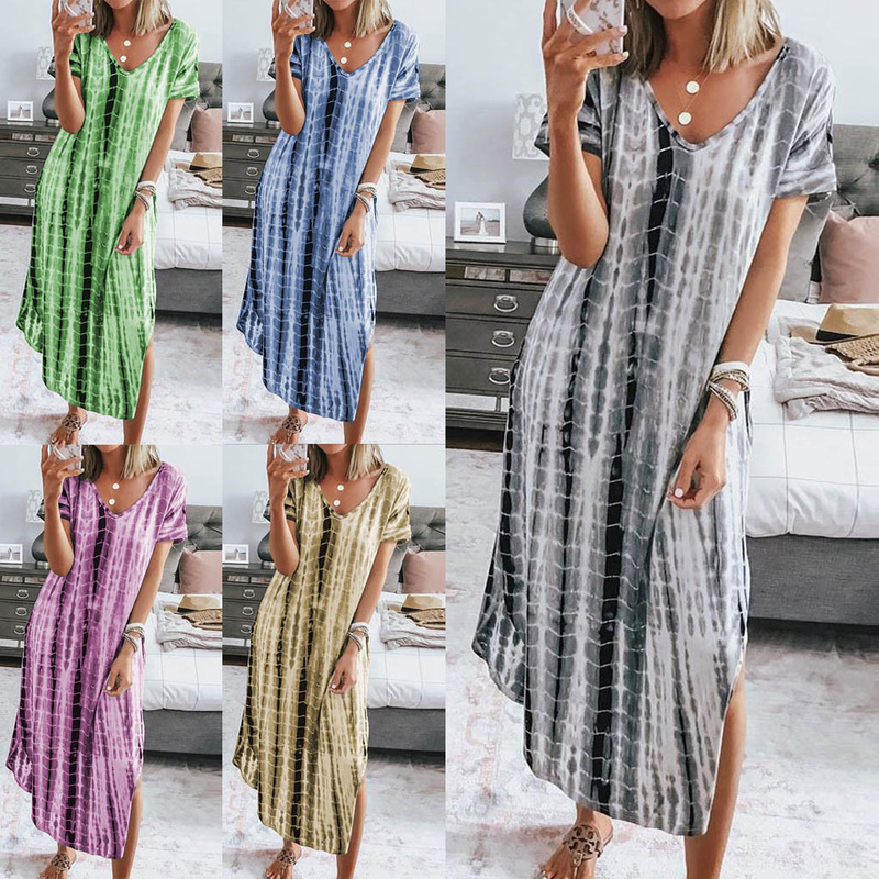 2024 Summer New European and American Women's Clothing Printing Tie-Dye Split V-Neck Loose Slimming plus size Irregular dress