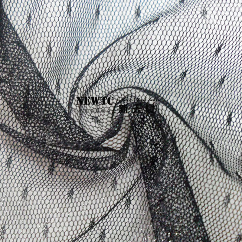 涤纶小点点纱面料 婚纱玩具装饰点点网布面料 黑色现货六角点点纱
