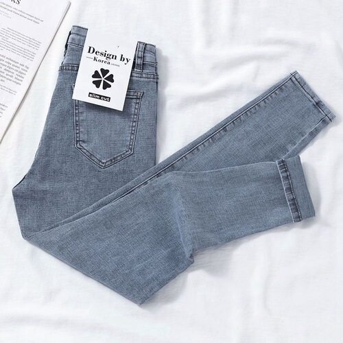 Women's jeans, high-waisted, slimming, Korean-style boyfriend look, versatile, new arrival, cropped pencil pants with skinny legs for autumn.