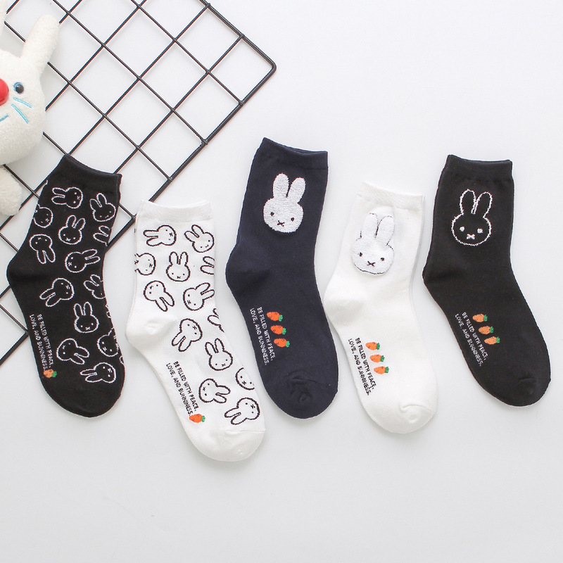 Women's Mid-Calf Socks, Autumn and Winter Cotton Adult Socks, Japanese Style Cute Cartoon Anime Rabbit Socks, Student Sports Socks
