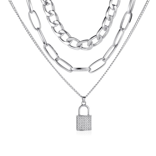 European and American cross-border best-selling rough-link chain necklace, punk-style temperament micro-inlaid 3-layer lock pendant multi-layer necklace