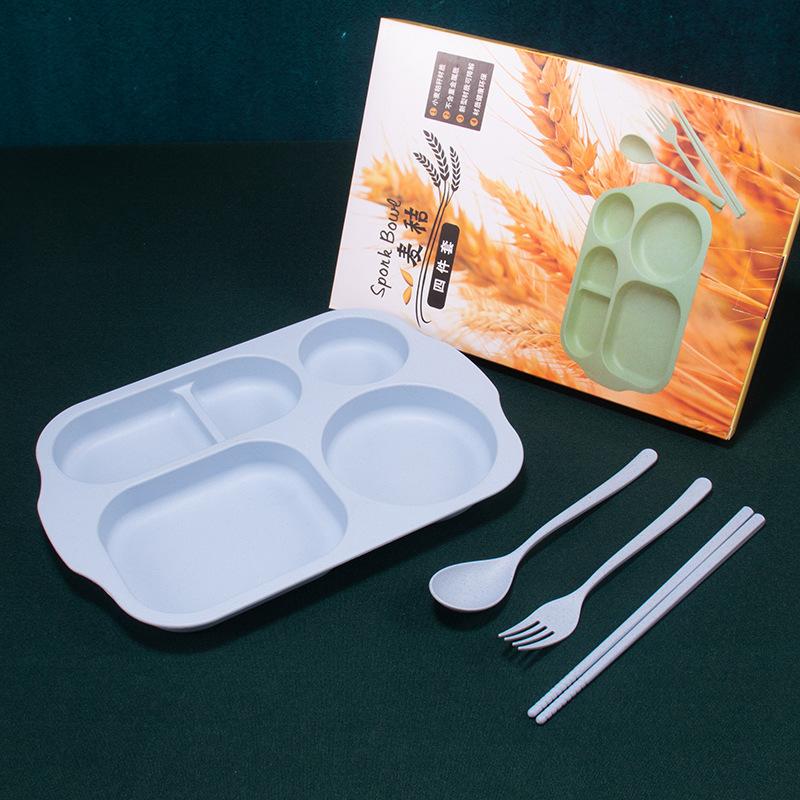 Paja DE TRIGO vajilla infantil conjunto de cuatro piezas engrosada estudiante compartimiento plato palillos tenedor cuchara 4 piezas cantina plato de arroz image 3
