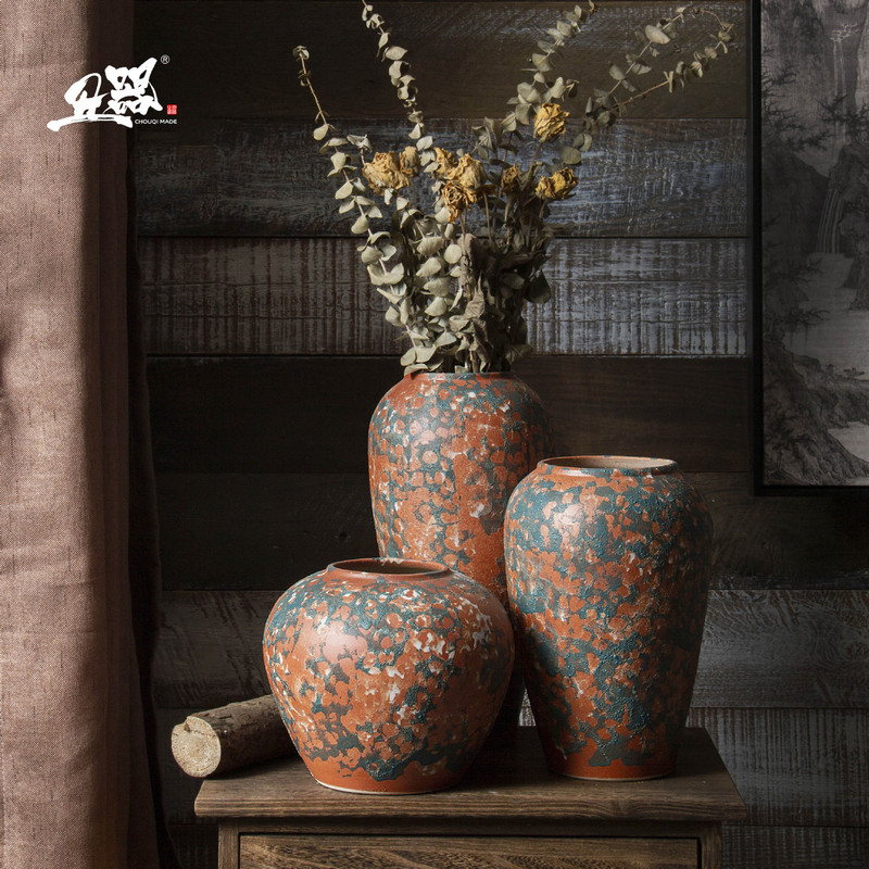 Jingdezhen Ceramic Coarse Pottery Dried Flower Vase Pottery Jar Decorative Ornaments Large Three-Piece Set Zen-Style Antique Flower Vessel American Style