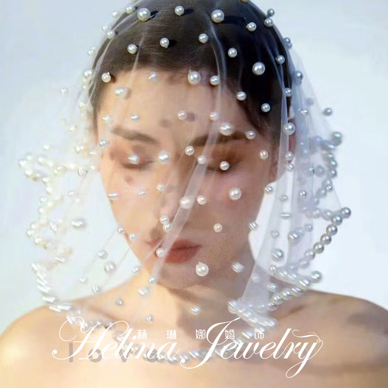 Bride's Vintage Pearl Short Veil Hair Accessories Wedding Veil Internet Celebrity Photo Props Photo Studio Portrait Korean Style Veil