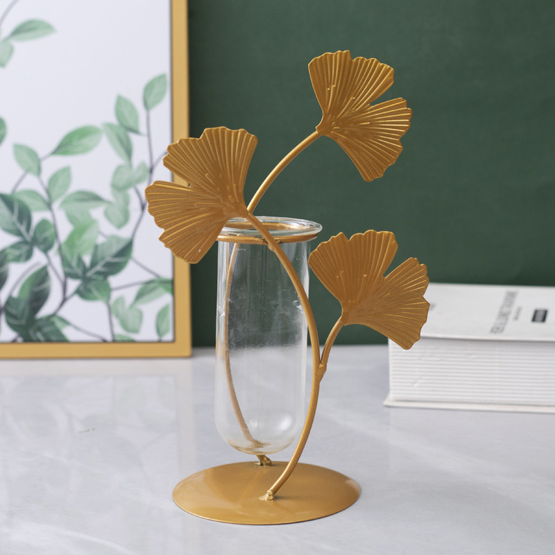 INS Luz de lujo hierro ginkgo hoja decoración hogar creativo florero de cristal arreglo floral suave decoración ornamento