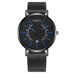 外貿批發藍針日曆日內瓦時尚男士手錶男表網帶石英表一件代發