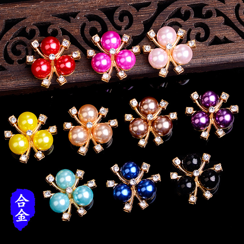 diy饰品三颗珍珠花心合金配件新娘团扇手腕饰品胸花辅料厂家直销