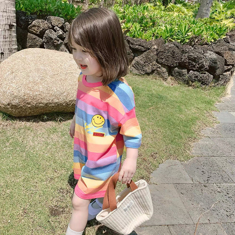 2024 New Girls' Summer Dress Korean T-shirt Skirt Children's Western Style Rainbow Short-sleeved dress Princess Skirt