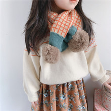 韩版儿童毛线围巾 冬季男女宝宝针织毛线小格子拼色保暖交叉围脖