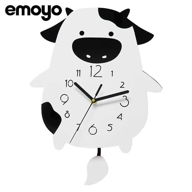 Vaca de dibujos animados de los niños creativo swing reloj de pared dormitorio lindo reloj mudo acrílico decorativo reloj de pared