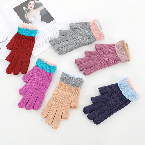 Winter two-fingered gloves for men and women, new style office writing and typing fingerless warm color-blocked knitted gloves