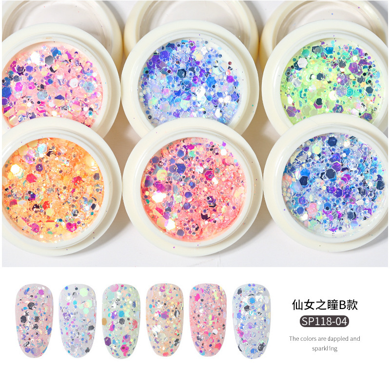 Nuevo set de decoración de uñas con purpurina de 6 colores, purpurina mixta con efecto láser degradado, purpurina para decoración de uñas con efecto ojo de hada