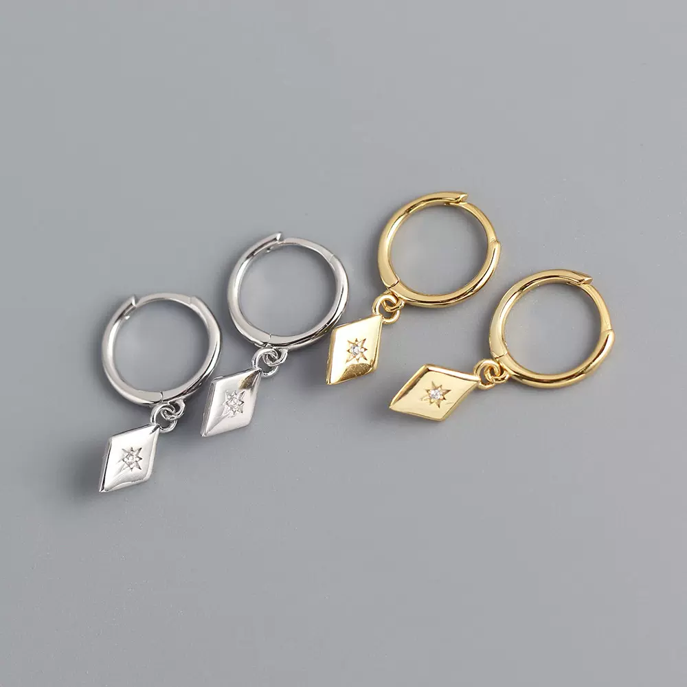 YHE0276 欧美法式轻奢S925纯银INS菱形方块百搭锆石耳扣银耳钉女