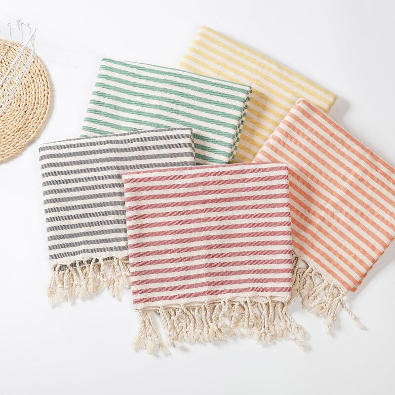 Amazon Hot Selling Customizable Turkish Tassel Beach Towel Striped Wearable Original Color Cotton Bath Towel Cushion Tablecloth