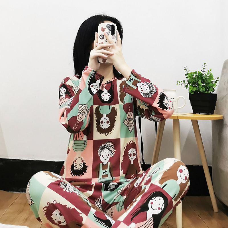 Fábrica al por mayor pijamas delgados de las mujeres moda dibujos animados cuello redondo manga larga pantalones pequeño estudiante homewear traje