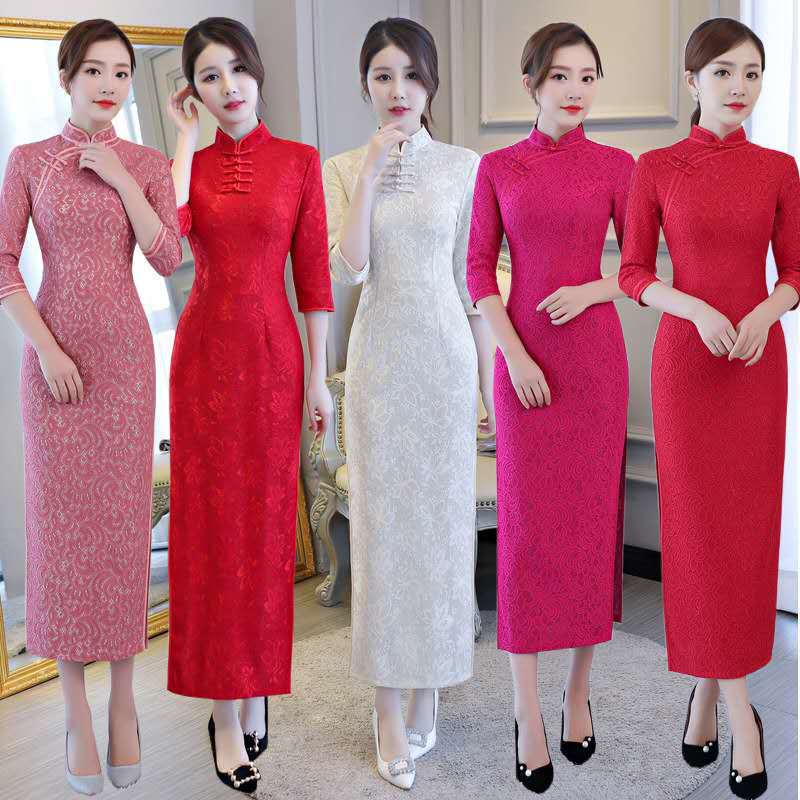 Autumn and Winter 21 lace thickened wedding banquet cheongsam stand collar hand buckle Hemming branch sleeve length dress Festival back-to-door performance