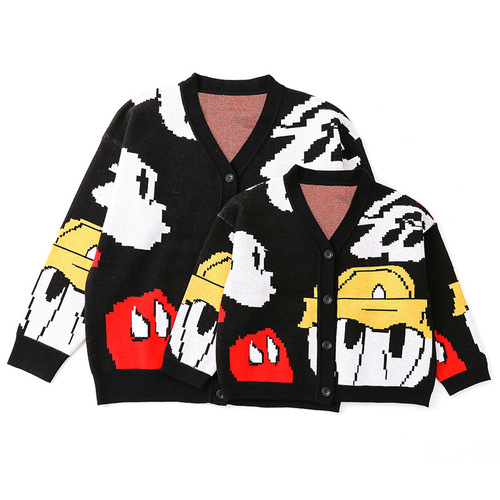 Parent-child sweater, autumn and winter round neck open knitted sweater, cartoon and animation, one family of three or four, family set, couple set