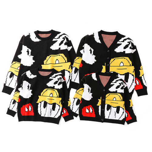 Parent-child sweater, autumn and winter round neck open knitted sweater, cartoon and animation, one family of three or four, family set, couple set