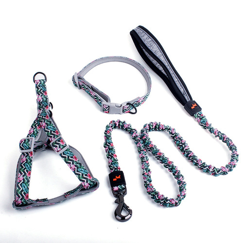 Amazon best-selling elastic cushion three-piece extendable harness training leash pet safety harness chest and back strap