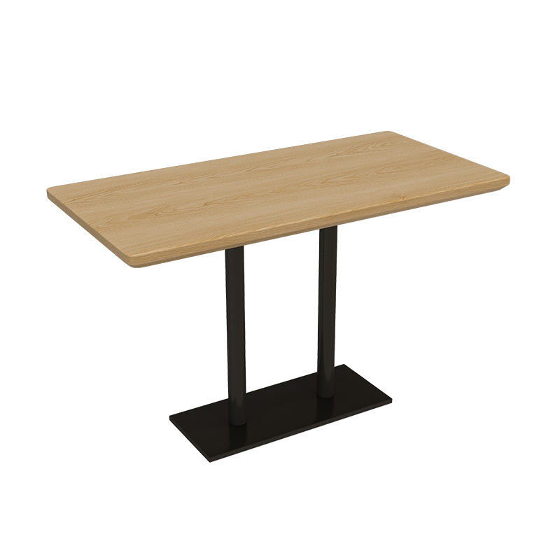 Mesa larga de madera maciza de múltiples capas + pies de placa de acero