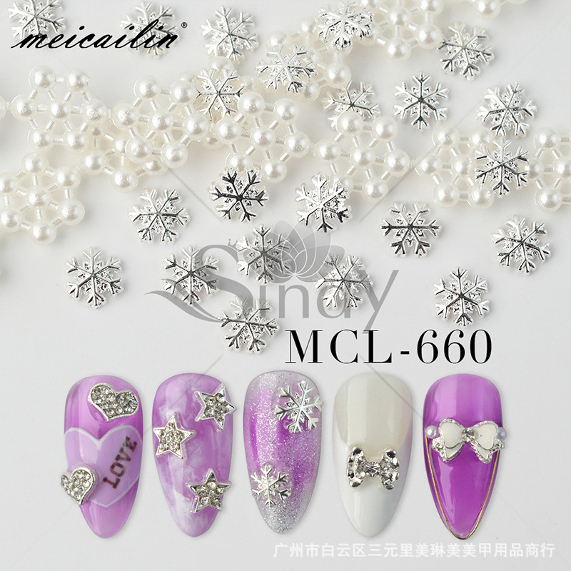 Cross-Border Christmas Manicure Nail Accessories Snowflake Alloy Silver Snowflake Nail Patches Wholesale Nail Stickers