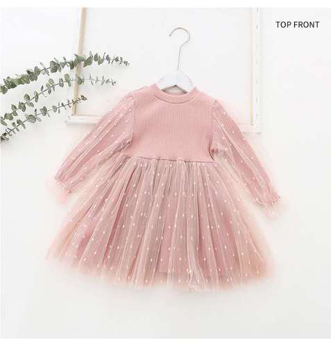  Children's Clothing Autumn New Arrival Girls' Dresses Girls' Gauze Skirts Style Puff Sleeves Knitted Mesh Skirts