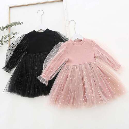  Children's Clothing Autumn New Arrival Girls' Dresses Girls' Gauze Skirts Style Puff Sleeves Knitted Mesh Skirts