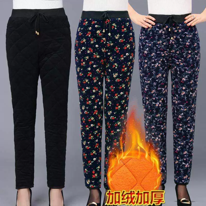 Средний и пожилой возраст хлопковые брюки женские зимние толстые и бархатные с высокой талией на улице