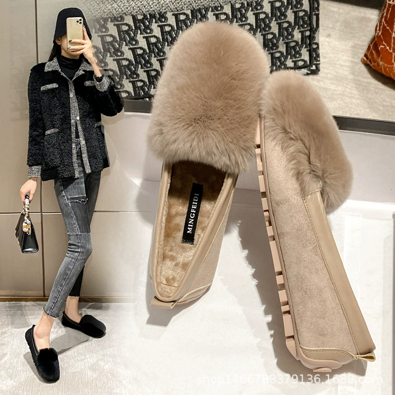 Мокасины на флисовой подкладке, женские осенне-зимние 2023 новые плюшевые туфли на плоской подошве, женская верхняя одежда, без шнуровки, туфли-лодочки больших размеров 41-43