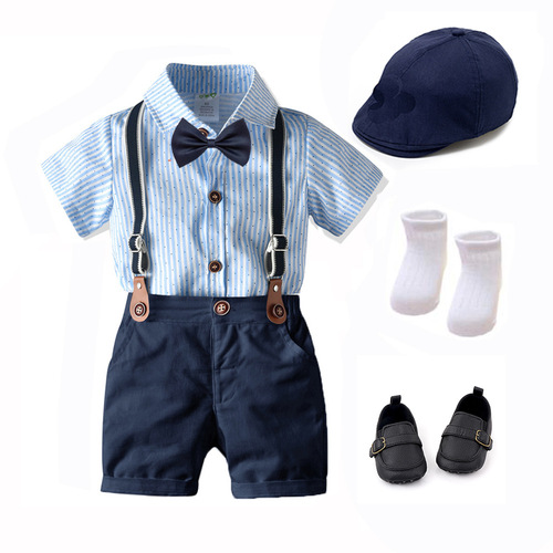 Baby boy set crawling suit, formal suit, trendy short-sleeve onesie with belt pants, one piece for dropshipping