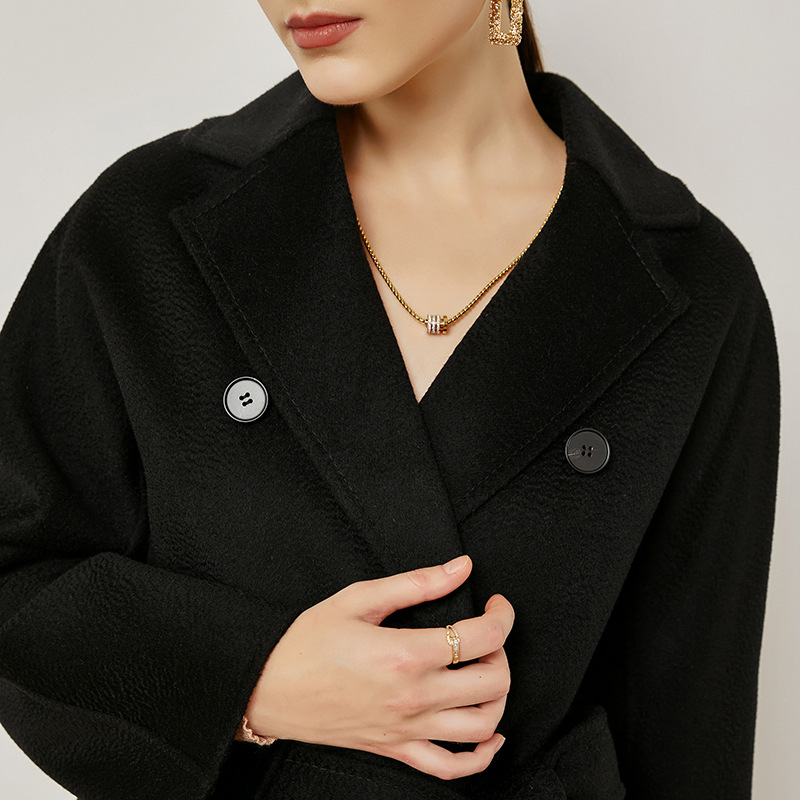 水波纹双面羊绒大衣女欧美高端宽松加长过膝双排扣手工毛呢外套女