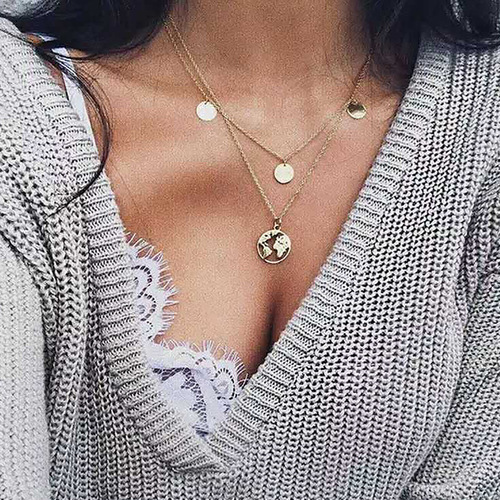 Elegant and Minimalist Multi-layer Metal Necklace for Women with Cross, Moon, and Lockchain Design