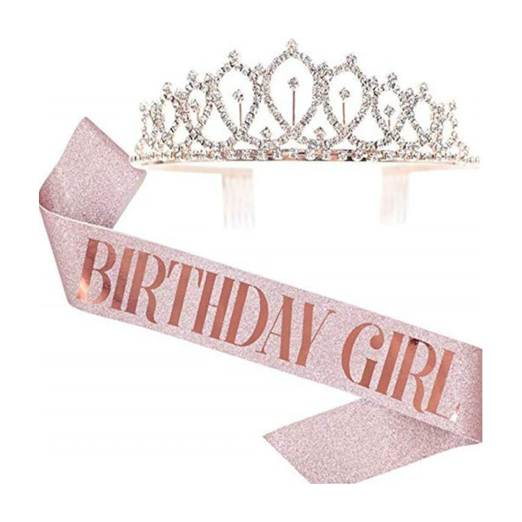 Набор корона и лента «Birthday», тиара в имитации «бриллианта» с гребнями и блестящая лента, розовый или серебристый