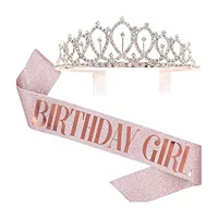 Набор корона и лента «Birthday», тиара в имитации «бриллианта» с гребнями и блестящая лента, розовый или серебристый