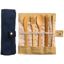 竹制刀叉勺旅行套装便携餐具筷子勺子吸管布袋六件套定制logo跨境
